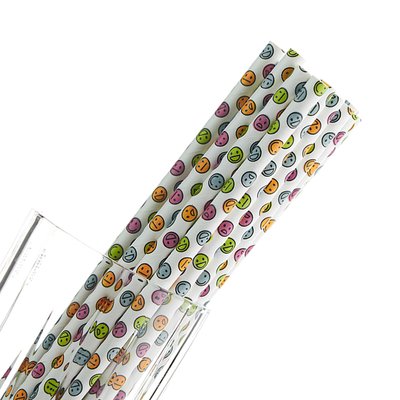 Бумажные трубочки белые с разноцветными смайликами 25 шт, BarTrigger afc240 фото